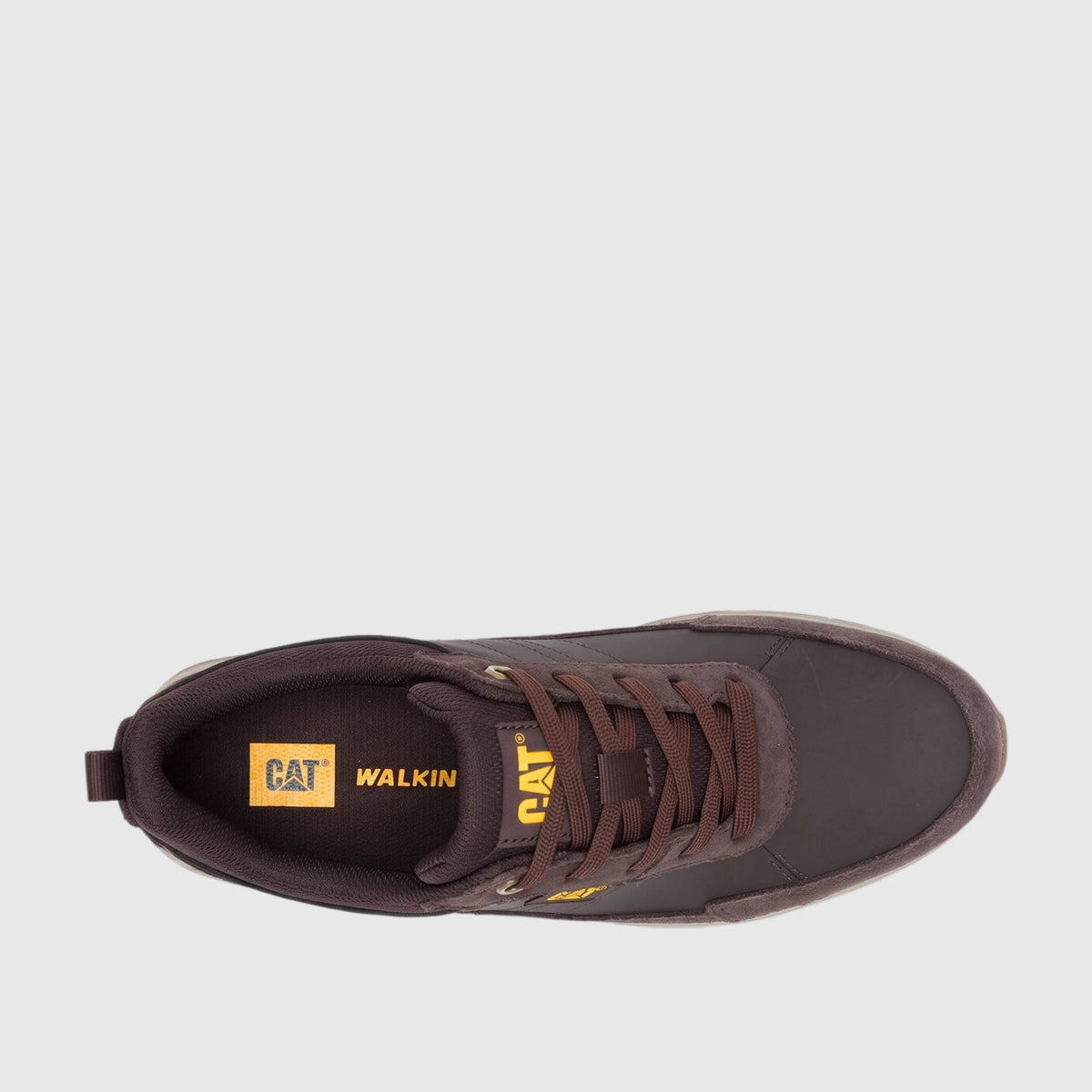 Cat Men's Press Lo P727275 casual lace-up shoe in coffee bean brown, shown from a top-down view.