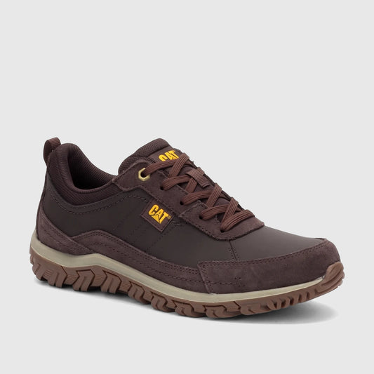Cat Men's Press Lo P727275 casual shoe in coffee bean brown. Men's synthetic leather and suede sneaker, side view.