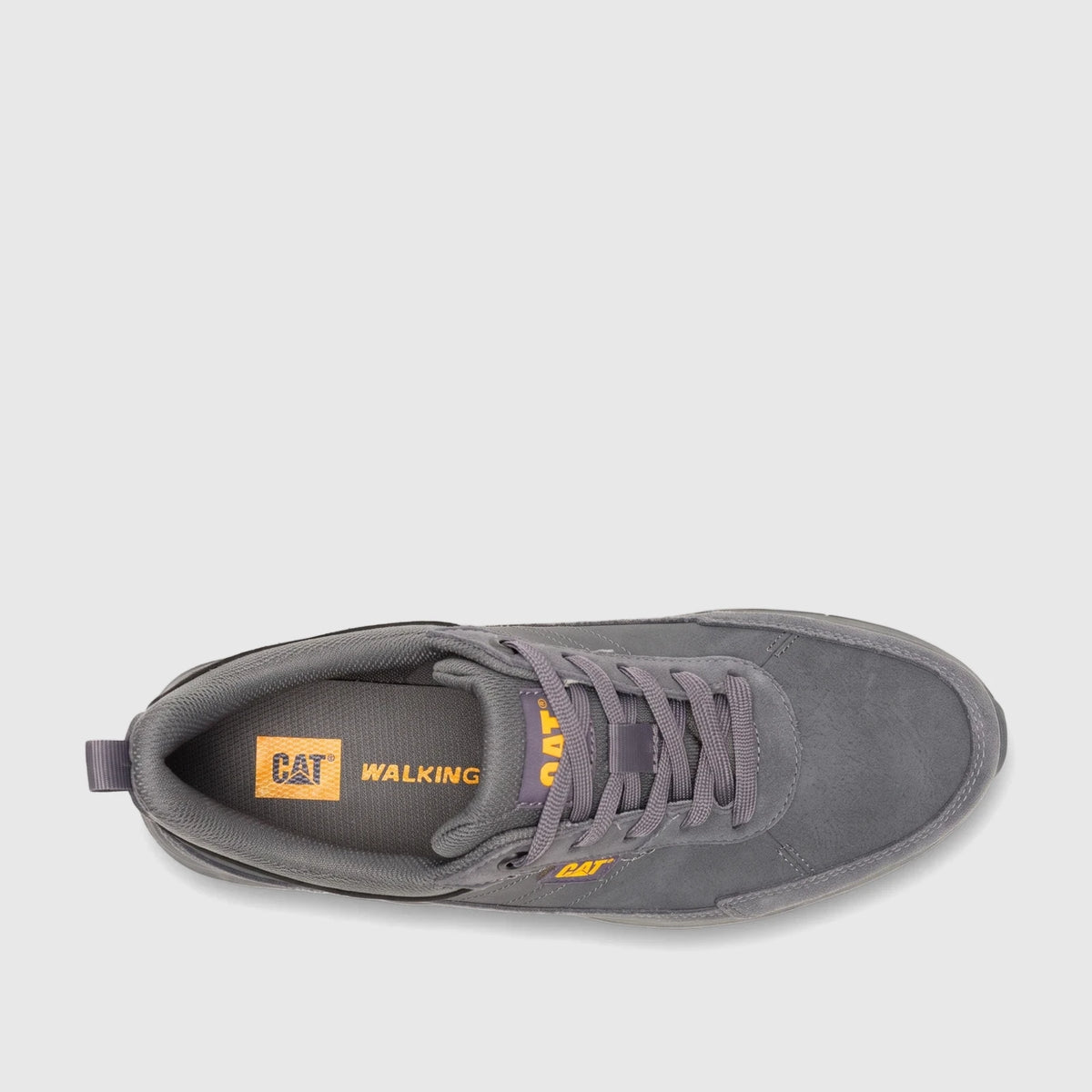 Top-down view of a Cat Men's Press Lo P727274 sneaker in gargoyle grey suede with yellow branding and grey laces.