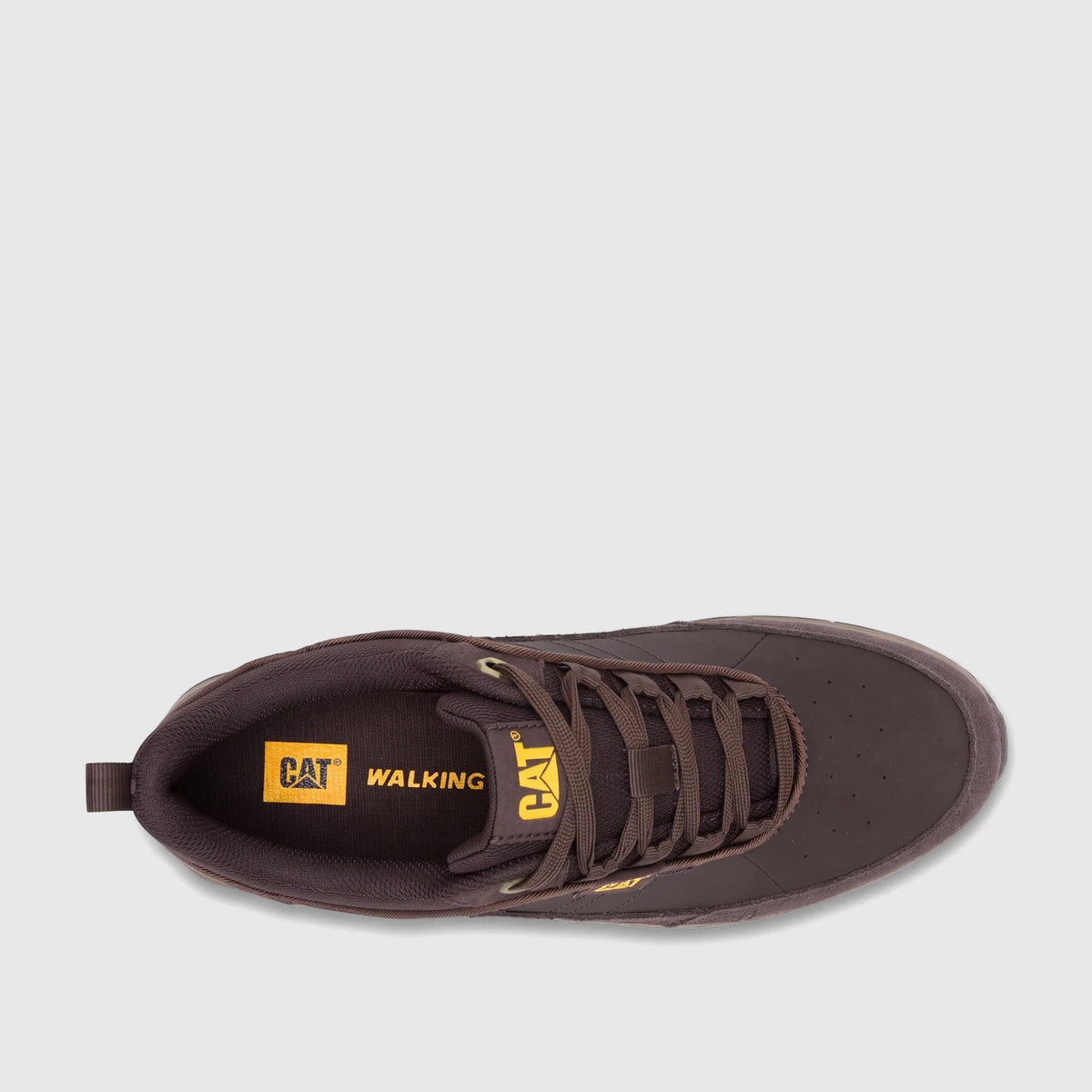 Cat Men's Press Sport Lo walking shoe in coffee bean brown, shown from a top-down perspective, featuring laces and logos.