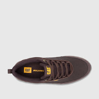 Cat Men's Press Sport Lo walking shoe in coffee bean brown, shown from a top-down perspective, featuring laces and logos.