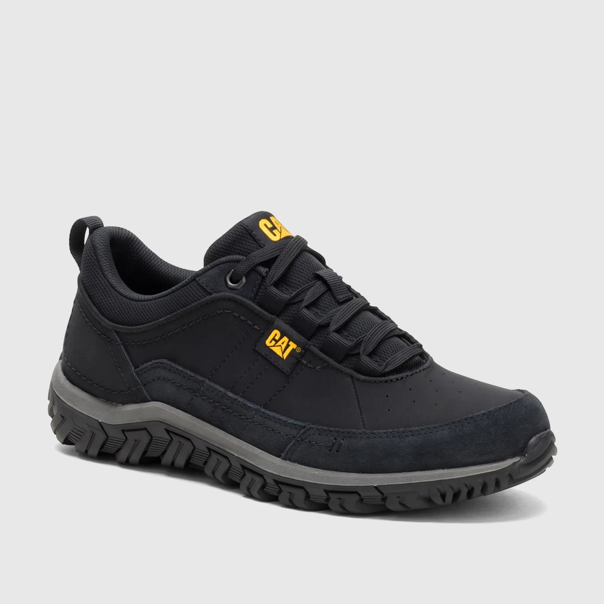 Cat Men's Press Sport Lo P727143 CT436 black low-top casual shoe, featuring a durable sole and yellow branding, presented in