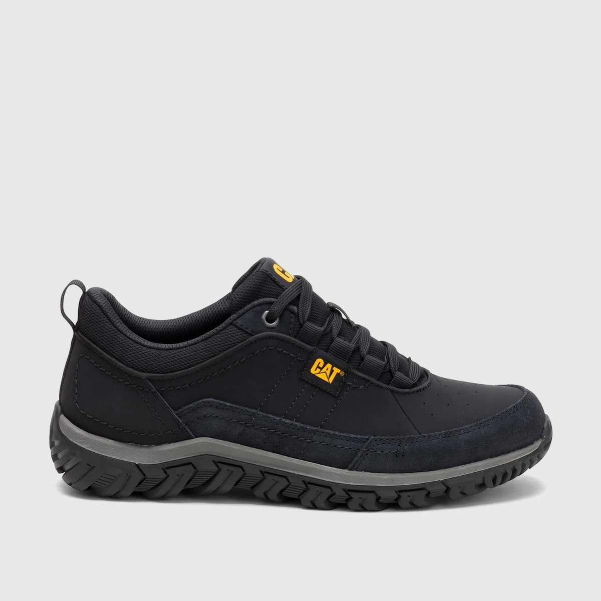 Cat Men's Press Sport Lo P727143 in black with a rugged outsole, padded collar, and durable upper for everyday wear.
