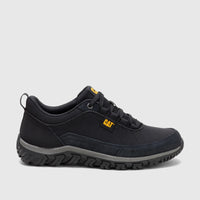 Cat Men's Press Sport Lo P727143 in black with a rugged outsole, padded collar, and durable upper for everyday wear.