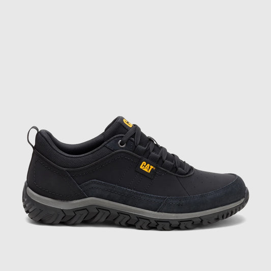 Cat Men's Press Sport Lo P727143 in black with a rugged outsole, padded collar, and durable upper for everyday wear.
