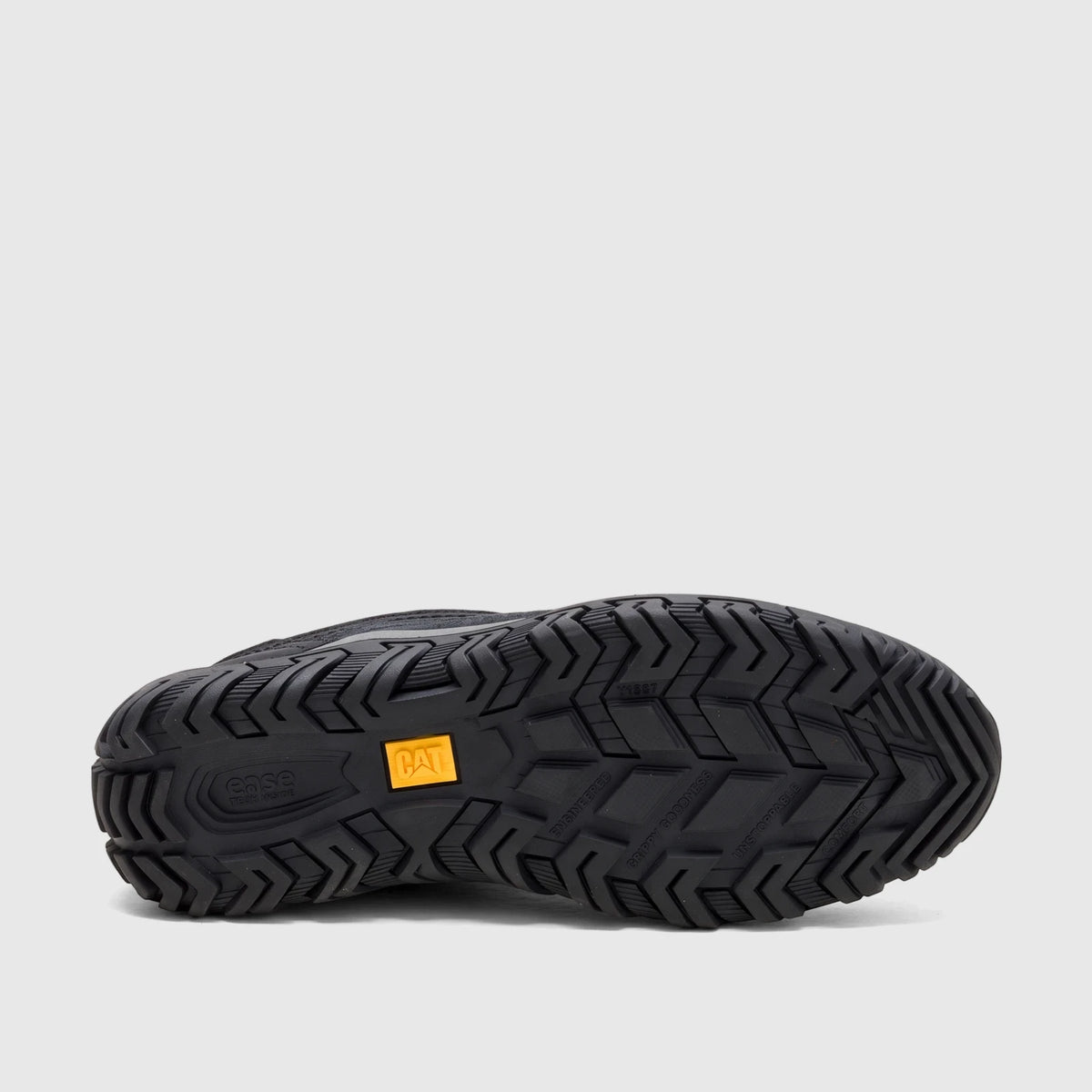 Cat Men's Press Sport Lo P727143 black shoe, sole view, showcasing the robust tread and yellow Cat logo.