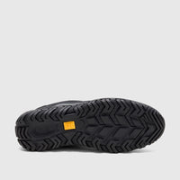 Cat Men's Press Sport Lo P727143 black shoe, sole view, showcasing the robust tread and yellow Cat logo.