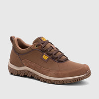 A brown Cat Men's Press Sport Lo P727276 Bison CT440 men's casual shoe, with dark laces, a sturdy sole, and visible branding.