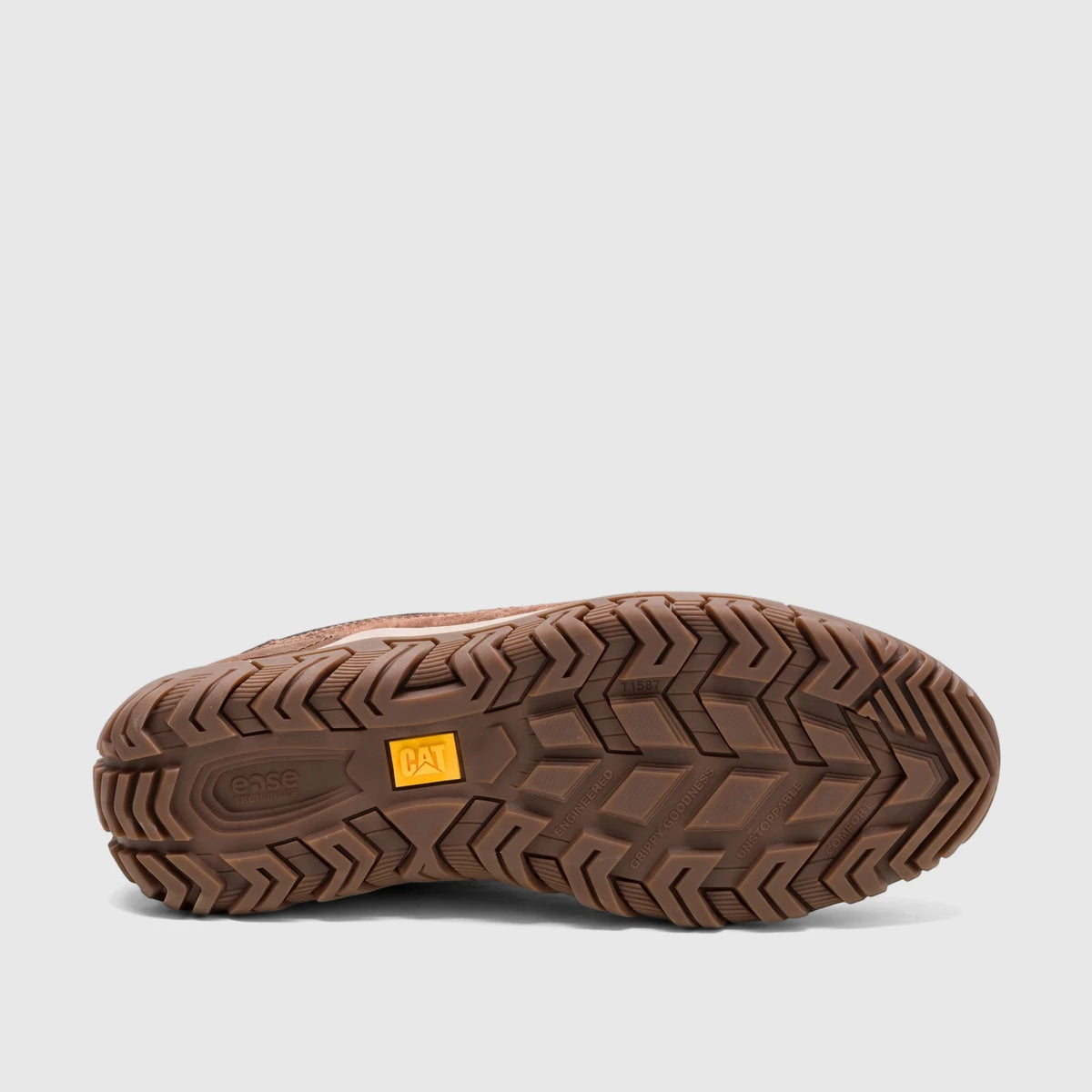 Cat Men's Press Sport Lo P727276 casual brown shoe, sole view, showing rugged tread and yellow logo.