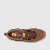 Overhead view of a single brown Cat Men's Press Sport Lo P727276 men's walking shoe, showcasing its durable low-cut design
