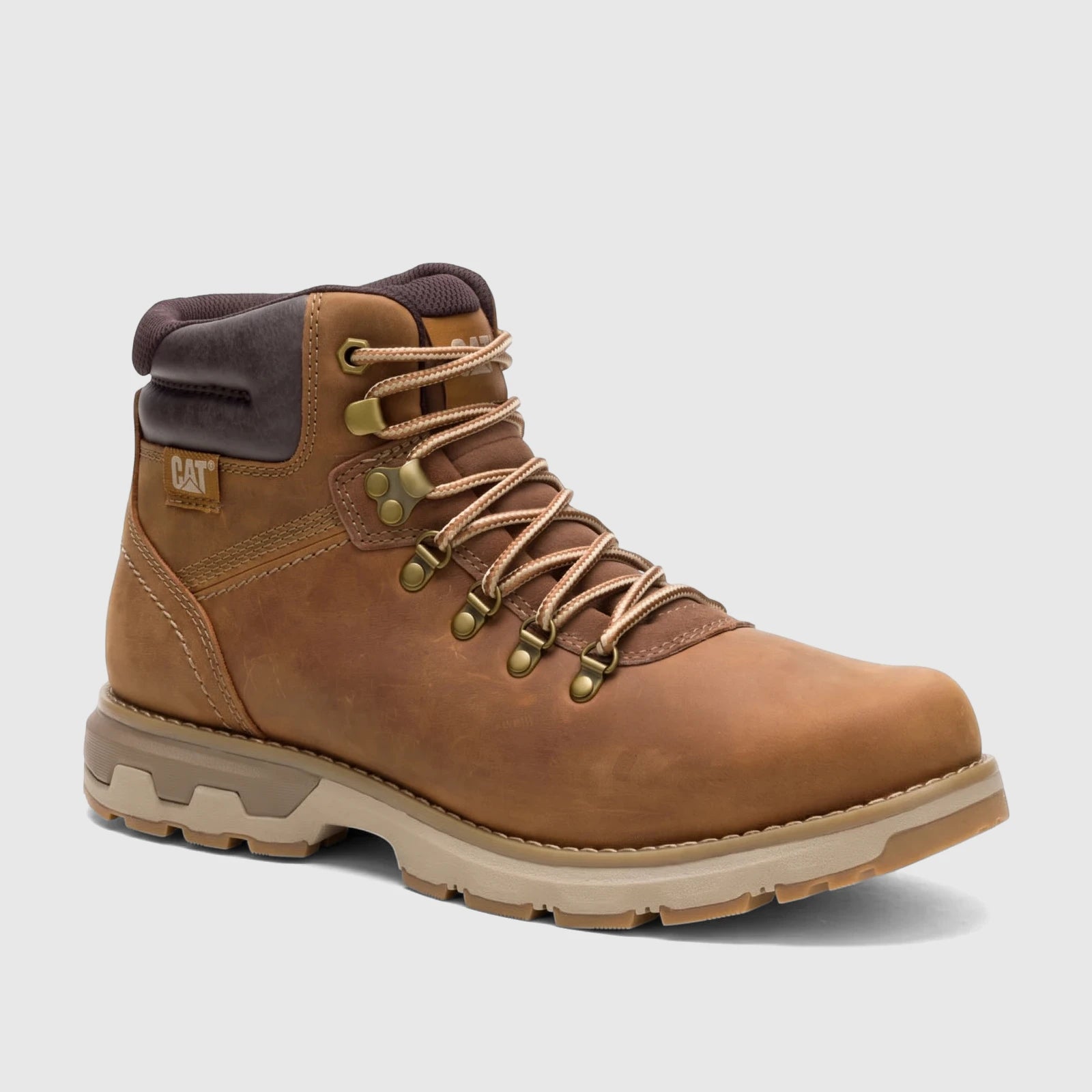 Brown leather Cat Men's Pursue Hiker boot with gold eyelets and a textured sole, shown from a side view.