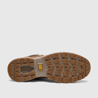 Overhead view of a Cat Men's Pursue Hiker Lo shoe, showcasing its durable bronze brown rubber sole with prominent traction