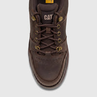 Top-down view of a Cat Men's Pursue Hiker Lo P726888 shoe in dark brown leather with laces and metal eyelets.