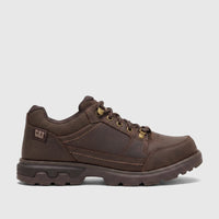 Dark brown leather Cat Men's Pursue Hiker Lo P726888 shoe, visible in a side profile, showcasing its sturdy design and