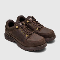 Pair of dark brown Cat Men's Pursue Hiker Lo low-cut hiking shoes, featuring sturdy leather construction and detailed lacing.