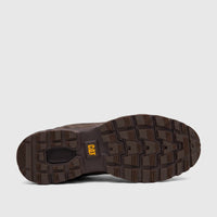 View of the sole of a dark brown Cat Men's Pursue Hiker Lo P726888 boot, featuring a rugged tread pattern and yellow CAT