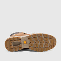 Cat Men's Pursue Hiker P727001 boot in mushroom color, showcasing the durable, textured sole from a bottom-up view.