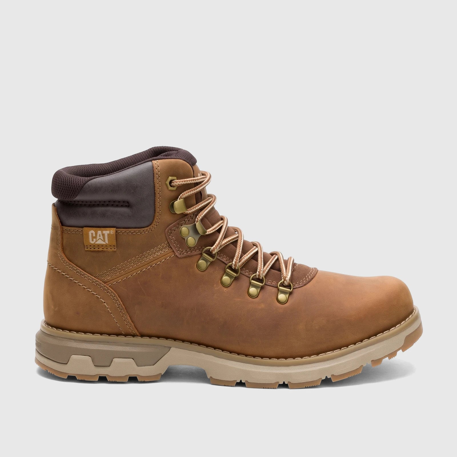 Brown leather Cat Men's Pursue Hiker P727001 Mushroom boot, side view, with tan sole and brass eyelets.