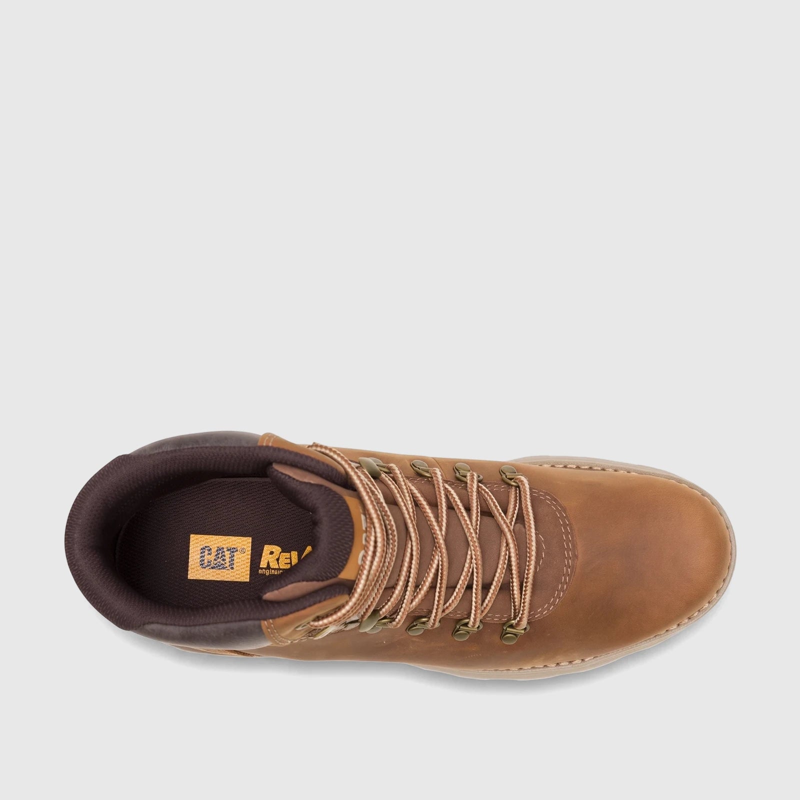 Cat Men's Pursue Hiker P727001 boot in mushroom brown, featuring laces and metal eyelets, viewed from directly above.