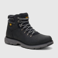 Cat Men's Pursue Hiker P727002 Black CT397, a black leather hiking boot with gray sole and striped laces, side view.