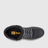 Cat Men's Pursue Hiker P727002 black leather boots, top-down view showing laces and insole logo.