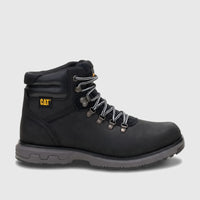 Cat Men's Pursue Hiker P727002 black leather and suede work boot with grey sole and striped laces, side view.