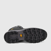 Black Cat Men's Pursue Hiker work boot, seen from the bottom showing the durable grey and black sole with yellow CAT logo