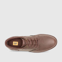 Top-down view of a Cat Men's Staten Lo P726700 dark brown leather casual shoe with laces.