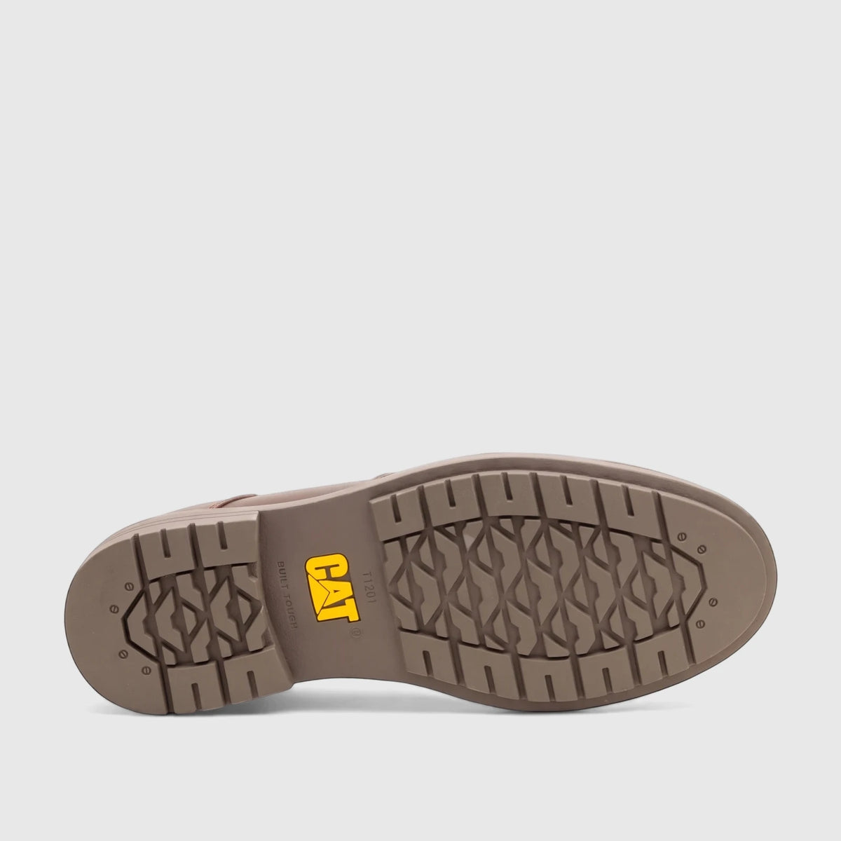 Bottom view of a brown Cat Men's Staten Lo P726700 boot, showcasing the robust sole with a yellow CAT logo and tread pattern.