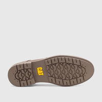 Bottom view of a brown Cat Men's Staten Lo P726700 boot, showcasing the robust sole with a yellow CAT logo and tread pattern.