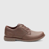 Cat Men's Staten Lo P726700 dark brown leather oxford-style shoe, shown from the side, featuring laces and a durable sole.