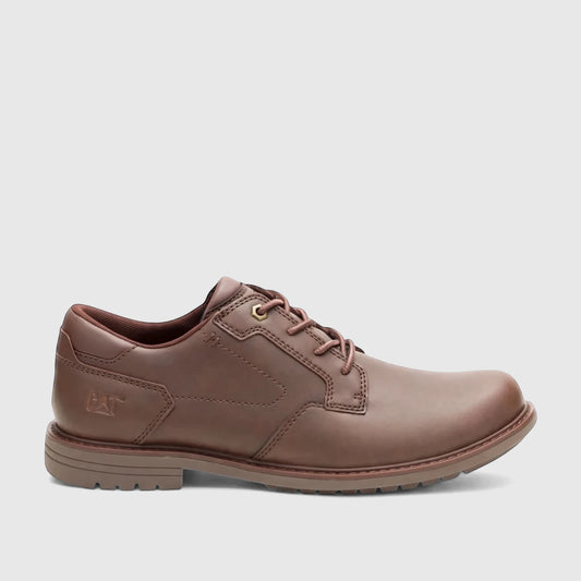 Cat Men's Staten Lo P726700 dark brown leather oxford-style shoe, shown from the side, featuring laces and a durable sole.