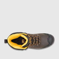 Brown Cat Men's Striver XL 6-inch safety boot with black accents and yellow interior lining, shown from an overhead