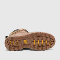 Cat Men's Striver XL 6-inch S3 FO safety boot, showing the brown sole with rugged tread and yellow accents.