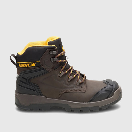 Brown Caterpillar Men's Striver XL 6-inch safety boot. Durable work boot with a protective toe, rugged sole, and yellow