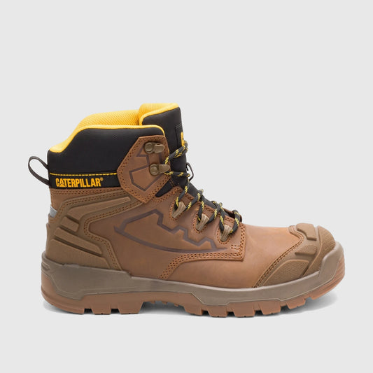Brown Cat Men's Striver XL 6-inch safety boot with black collar, yellow accents, and rugged sole, side view.