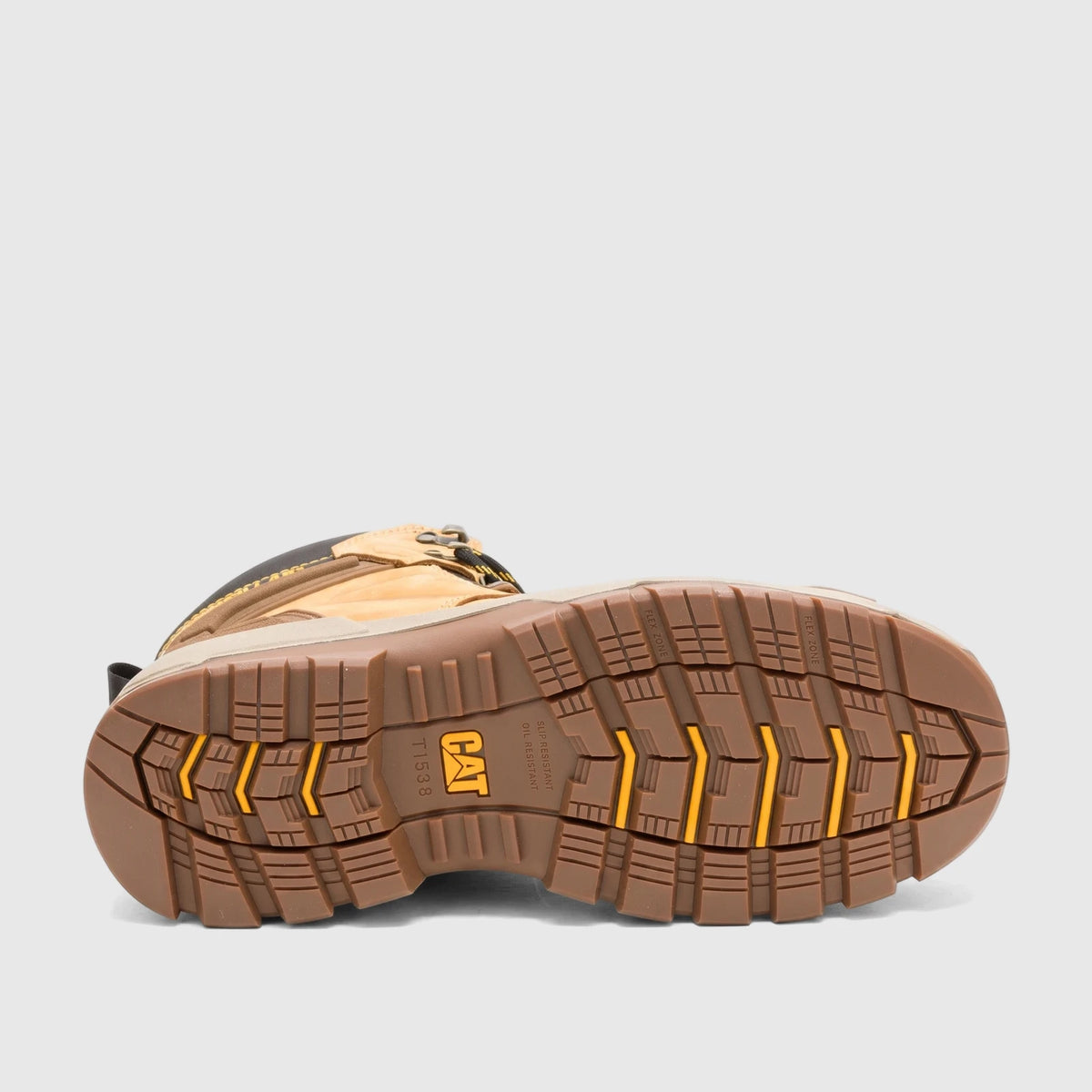 Cat Men's Striver XL 6" Safety Boot P726453, honey tan and brown, showing the slip-resistant rubber sole.