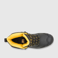 Top-down view of a single black Cat Men's Striver XL 6-inch S3 FO SC LG HRO SR Safety Boot with yellow lining and