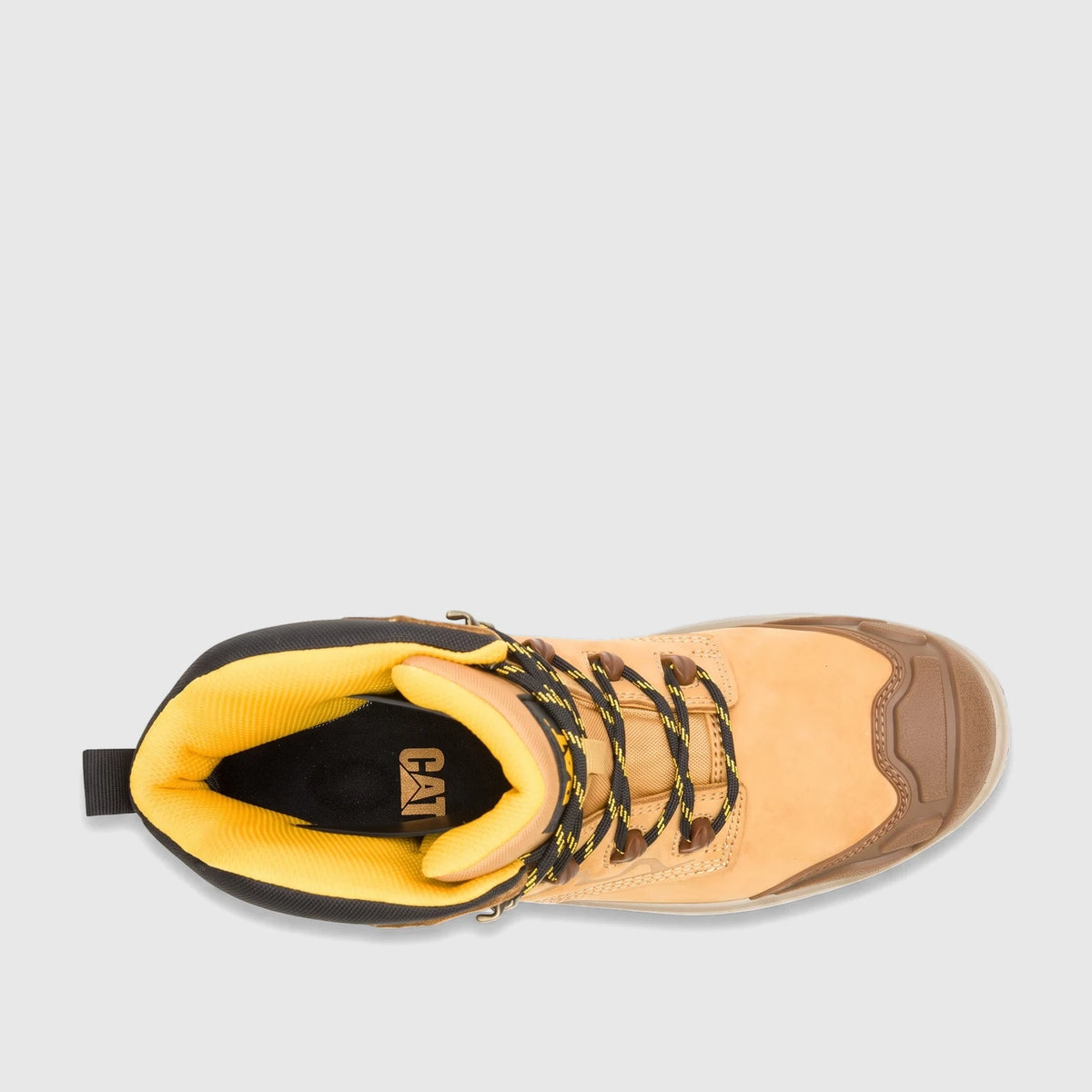 Overhead view of a single Cat Men's Striver XL 6-inch S3 FO safety boot in honey brown with black and yellow accents.