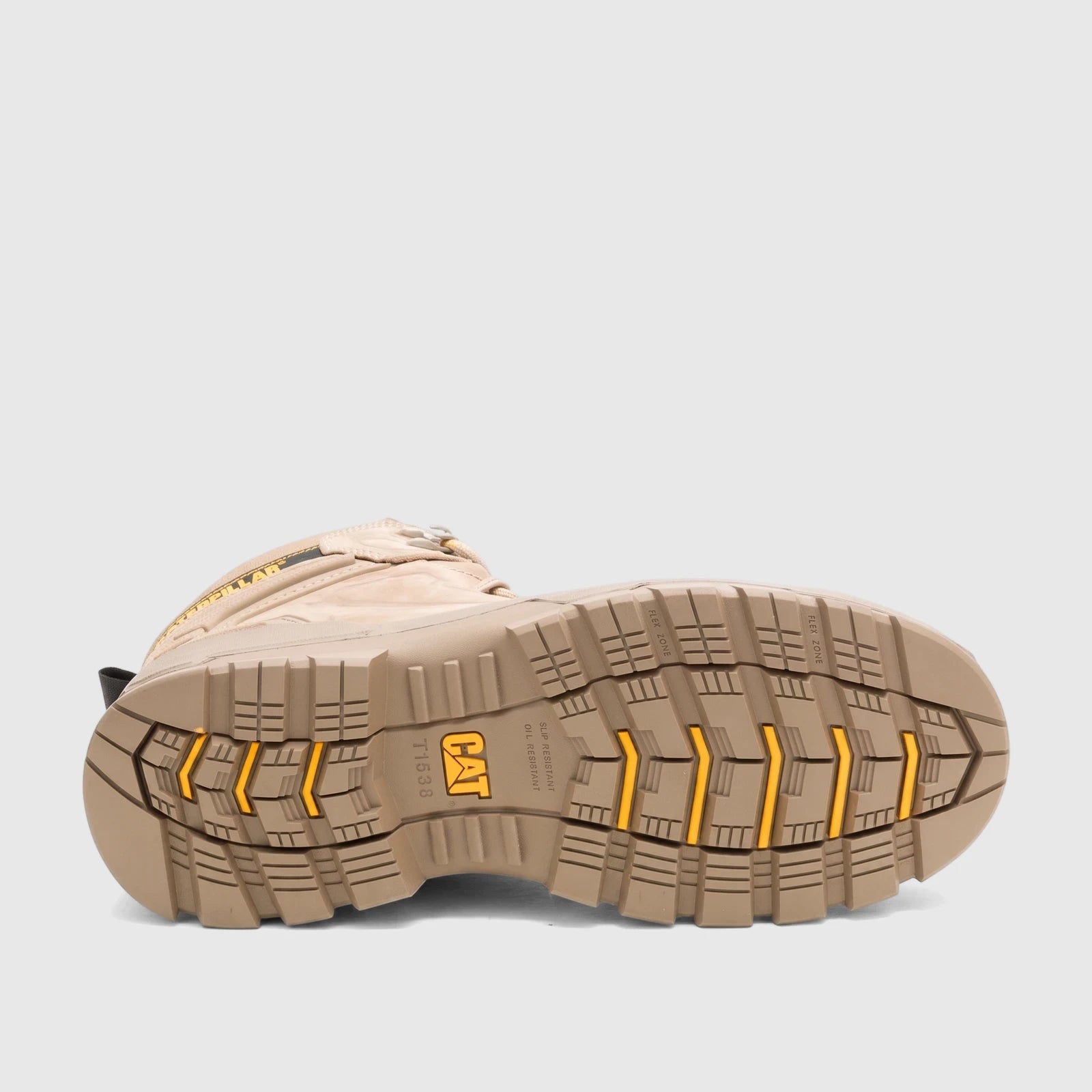 Cat Men's Striver XL 6-inch S7 Safety Boot in Stone, shown from the sole view, highlighting the tan color and tread.