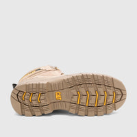 Cat Men's Striver XL 6-inch S7 Safety Boot in Stone, shown from the sole view, highlighting the tan color and tread.