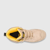 Top-down view of a single tan Cat Men's Striver XL 6-inch safety boot with a bright yellow interior lining and durable laces.