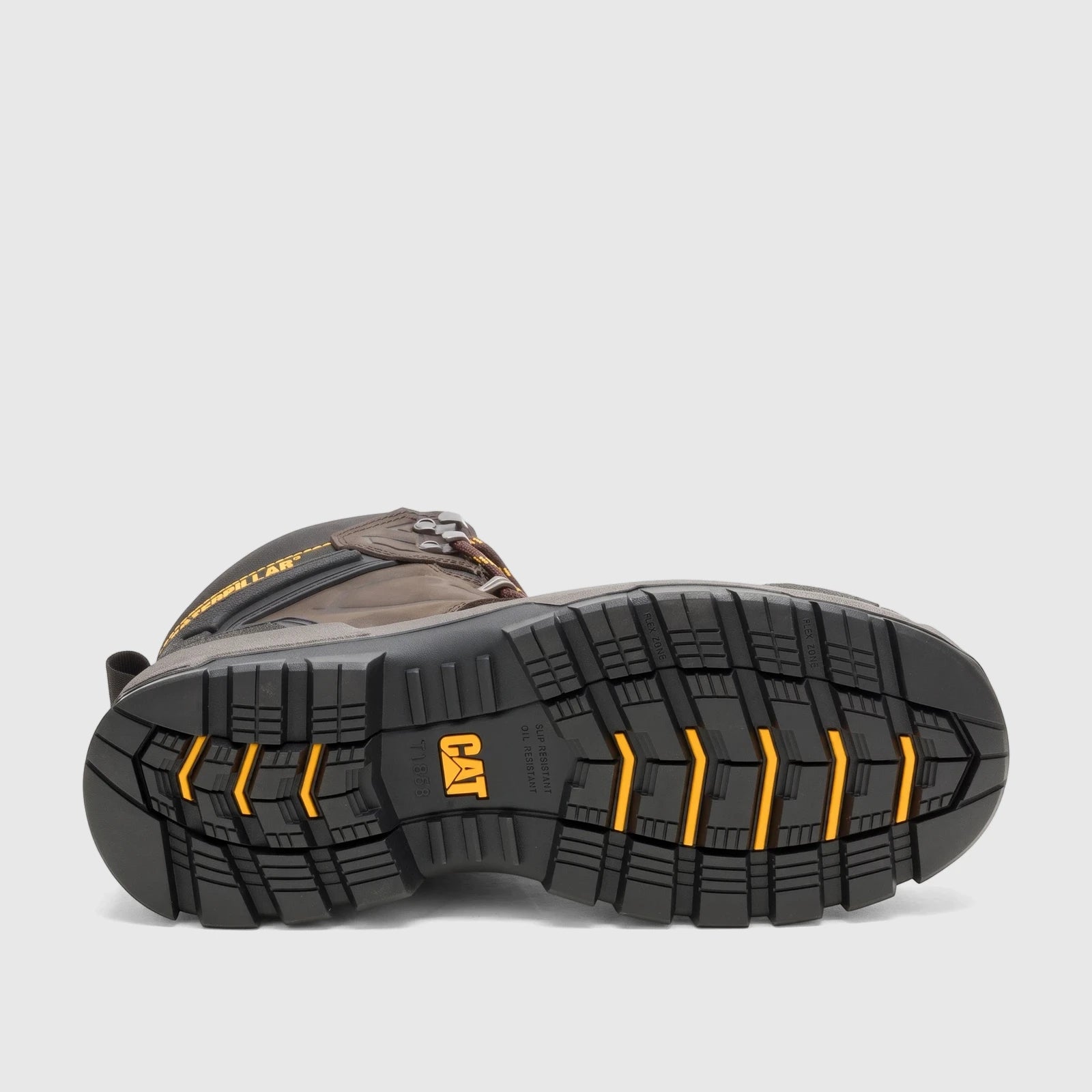 Cat Men's Striver XL 6" S3 FO SC LG HRO SR Safety Boot P726451, brown with black sole, bottom view.
