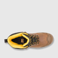Brown Cat Men's Striver XL 6-inch safety boot with yellow collar and black laces, seen from a top-down view.