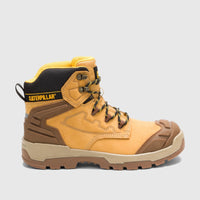 Cat Men's Striver XL 6-inch safety boot in honey brown, viewed from the side, with black laces and durable sole.