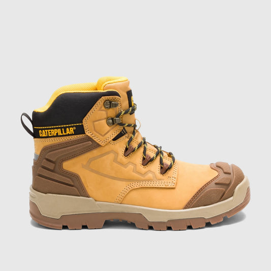 Cat Men's Striver XL 6-inch safety boot in honey brown, viewed from the side, with black laces and durable sole.