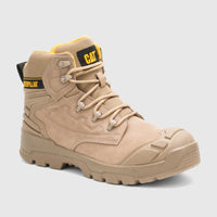 Tan Cat Men's Striver XL 6-inch safety boots for men, featuring a durable construction, yellow accents, and rugged sole.