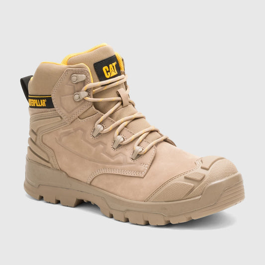 Men's Cat Striver XL 6-inch safety boot in stone color, visible from the side, with yellow accents and a durable sole.