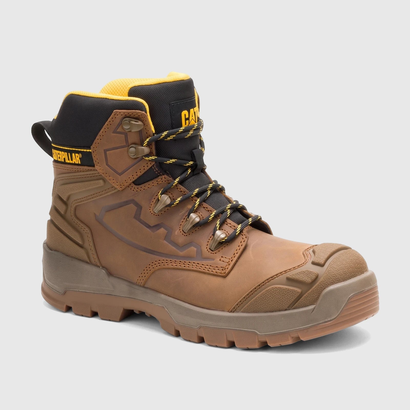 Cat Men's Striver XL 6-inch brown leather safety boot with yellow accents, durable sole, and protective toe cap.