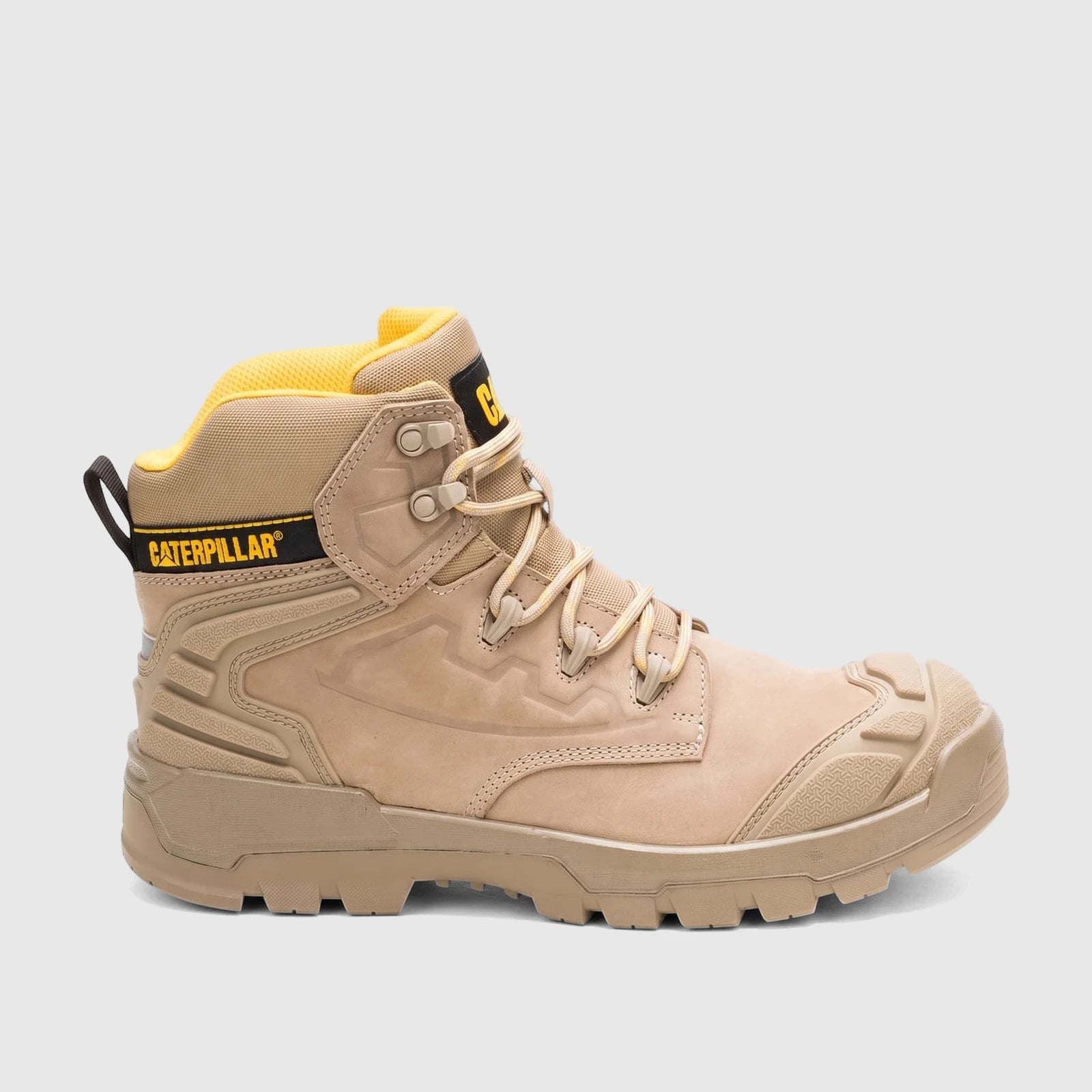 Men's Cat Striver XL 6-inch safety boot in stone color, visible from the side, with yellow accents and a durable sole.